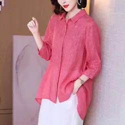 Vintage Summer Cotton Hemp Women's Solid Square Collar Embroidered Single Breasted Temperament Long Sleeve Mid-leng Shirt Tops