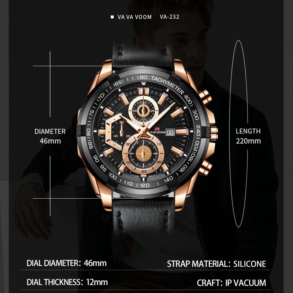 VA VA VOOM 2321 الرجال الرياضة حزام من الجلد تقويم الأعمال مقاوم للماء ساعة عادية كوارتز موضة ساعات للرجل Reloj Hombre #6