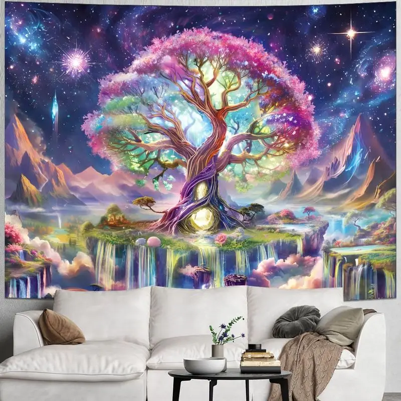 VIKAMA Plum Rose Cosmic Tree Falls Star Studded Sky Fluorescent Tapestry UV Glow Wall Mural Living Room Decor Soft Durable Cozy