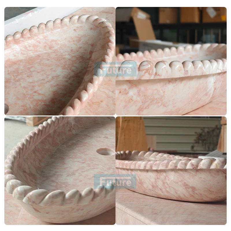 Luxury 100% Natrual Stone Cream Rose Pink Marble Bathroom Wash Basin Sink for Villa Apartment Bathroom Hotel Furniture
