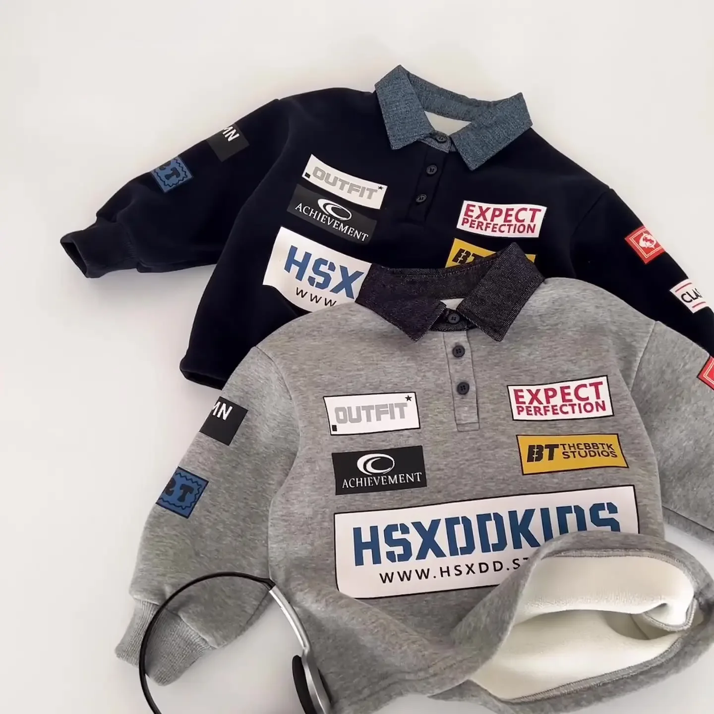 

2025 New 2-7Y Boys Cotton Fleece-Lined Sweatshirt Children's Clothing Letter Print Polo Collar Pullover Casual Warm Kids Top