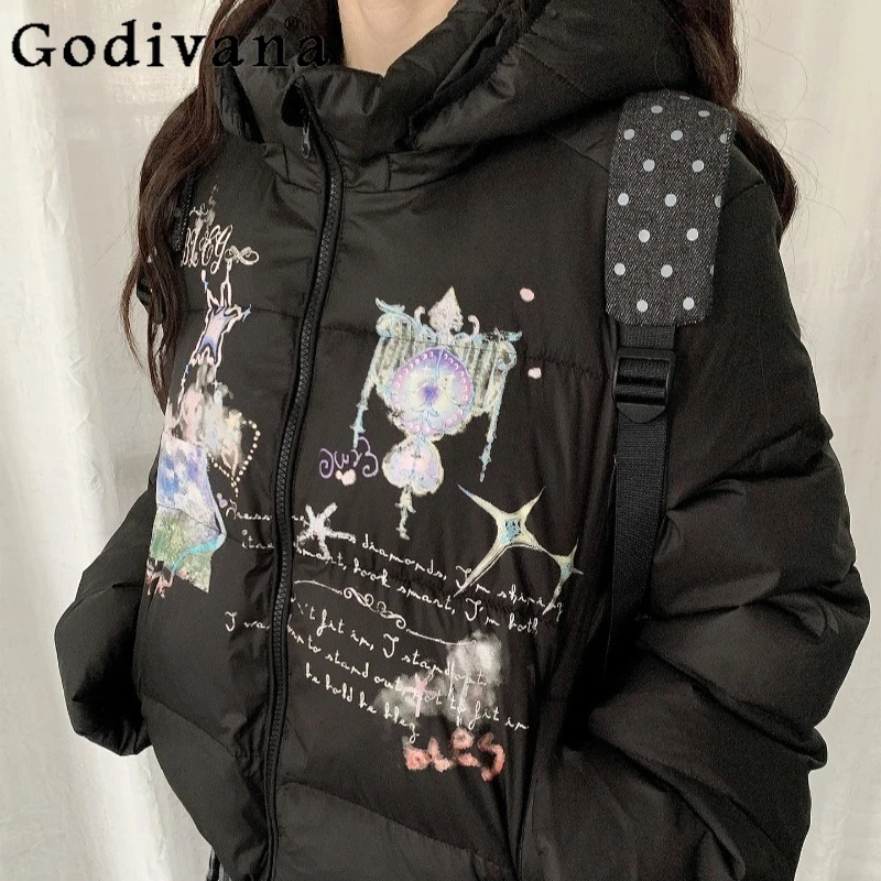 

Теплый пуховик в японском стиле для женщин, зимние милые хлопковые парки с капюшоном с героями мультфильмов, женская уличная одежда, милые хлопковые парки