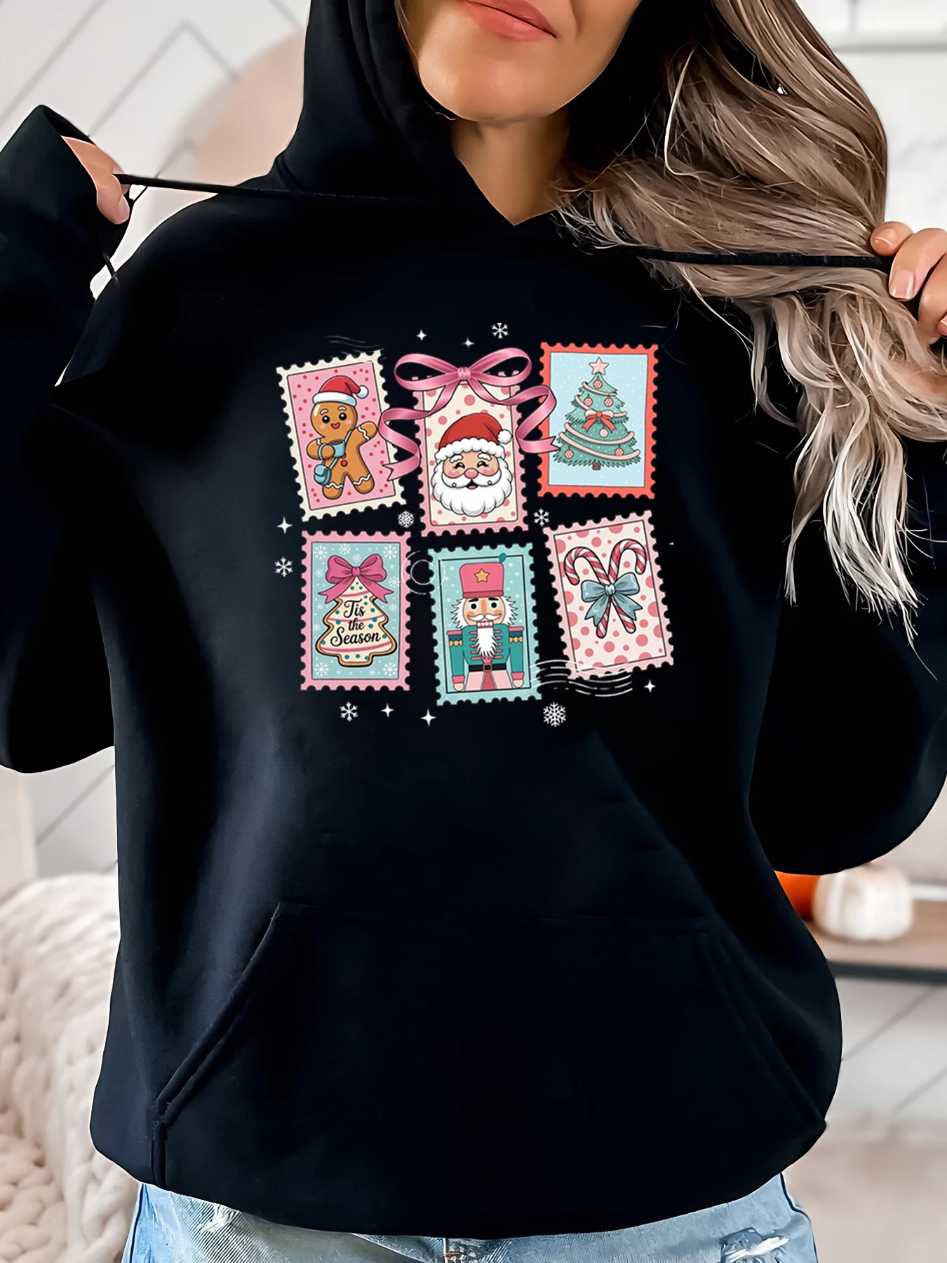 

Рождественские марки Санта-пряничное дерево Щелкунчик Толстовка с принтом конфетной трости Женская повседневная зимняя праздничная одежда черного цвета больших размеров