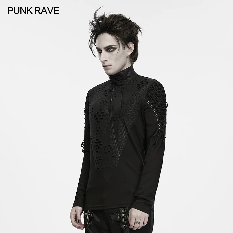 PUNK RAVE Men's Snake Skin Texture Hollow Lace-up Turtle Long-sleeve Design T-shirt Techwear Punk Handsome Personalized Tops