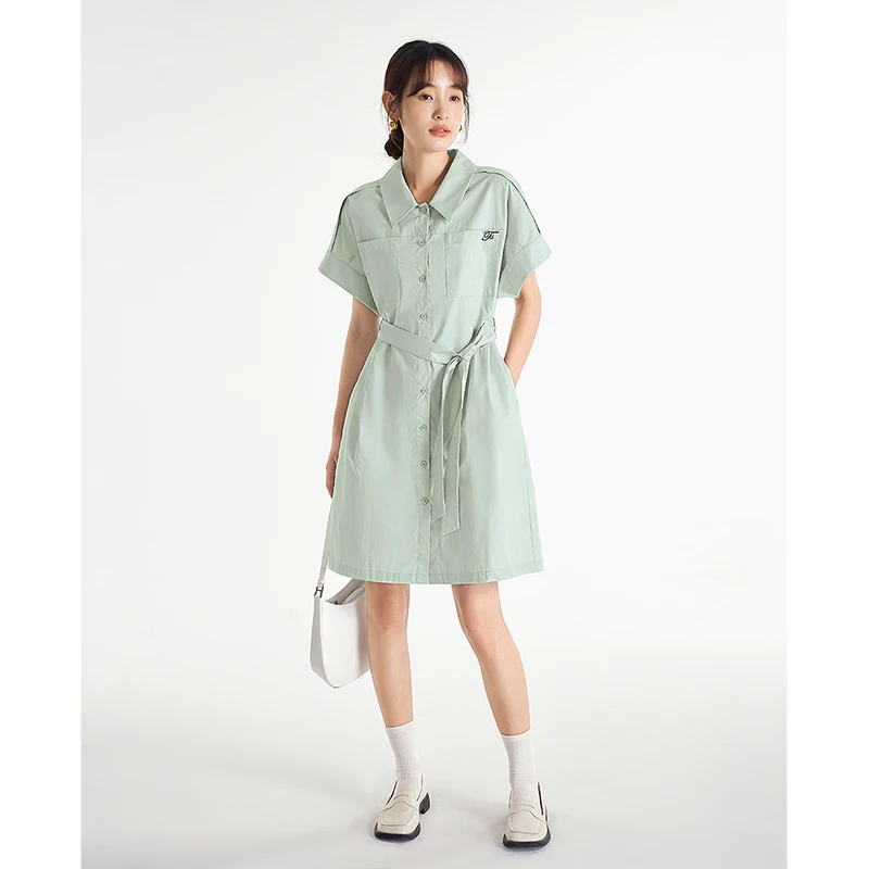 Toyouth Women Shirt Dress 2023 Summer Short Sleeve Polo Neck A-shape Slim Waist Pocket Buttons Design Casual Chic Skirt