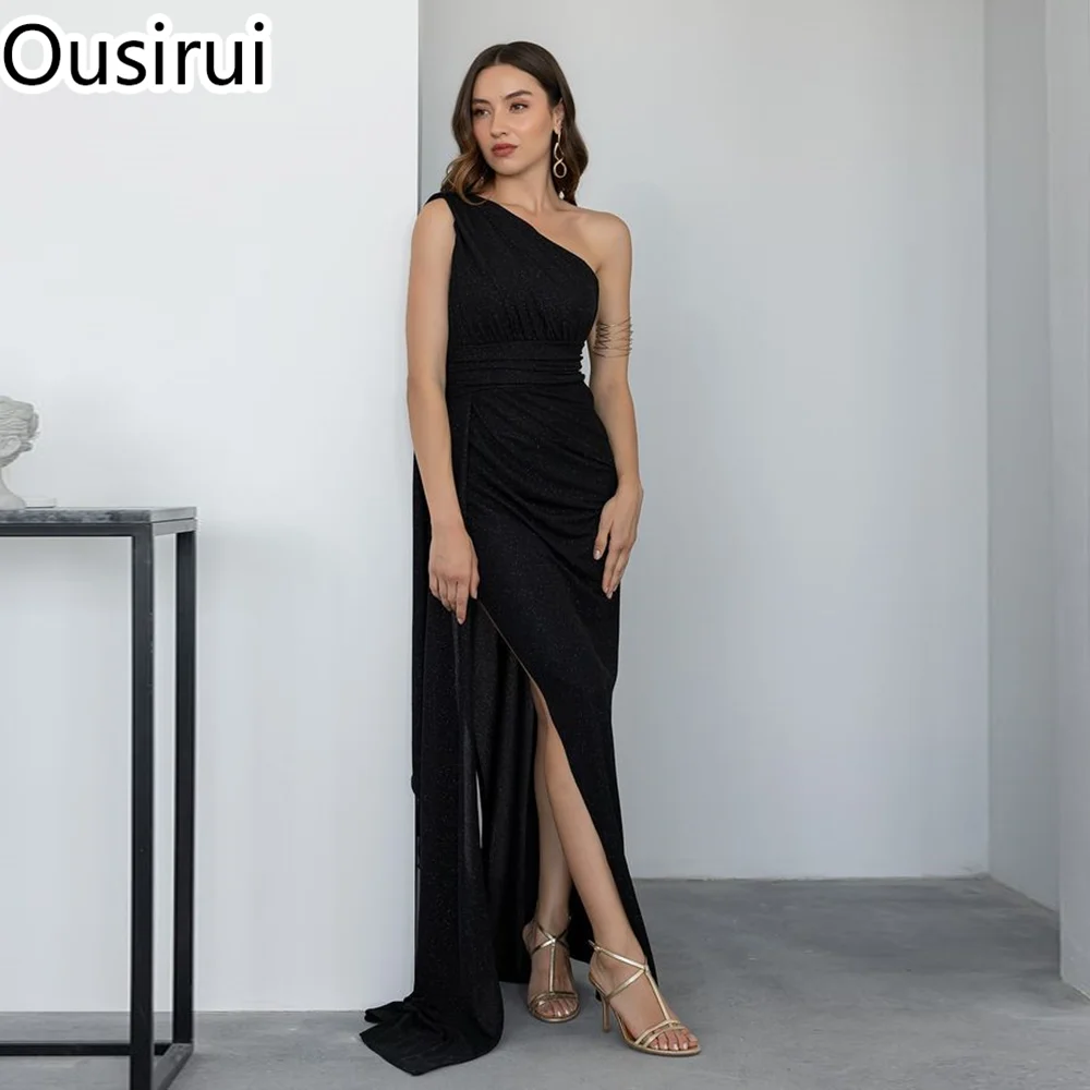 

OUSIRUI Simple One Shoulder Chiffon Sleeveless Evening Dress Sheath Side Slit Sweep Court Evening Gown vestidos de festa