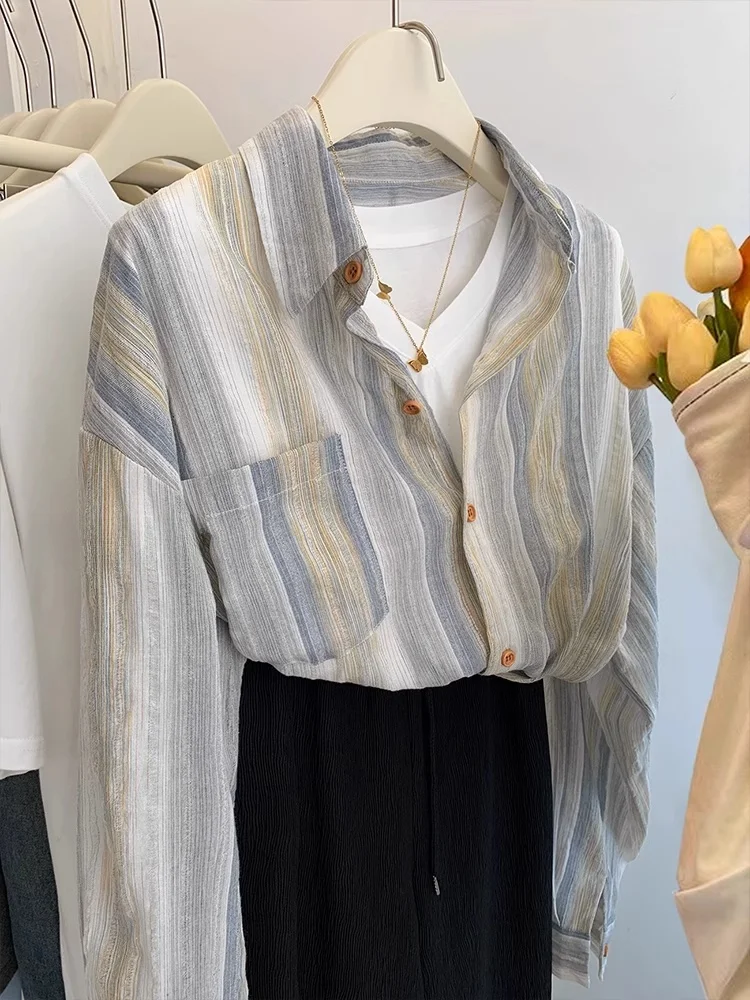 

Летняя повседневная свободная женская рубашка из хлопка и льна в полоску с защитой от солнца, модный топ от известного корейского бренда, синяя, с длинными рукавами