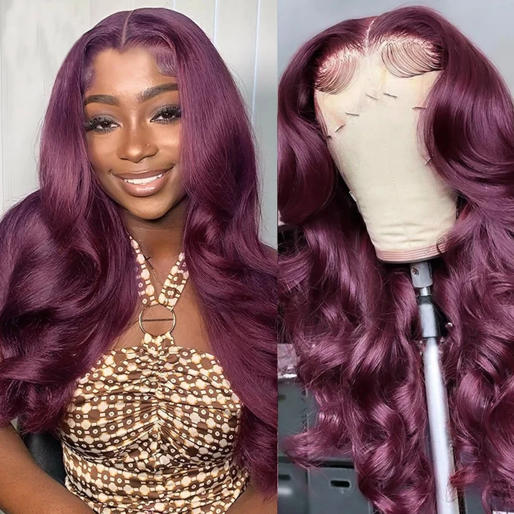 Synthetic Dark Burgundy Lace Wig Dark Purple Pure Colored Body Wave T Part Lace Wig For Women Pre Plucked With Baby Hair Cosplay