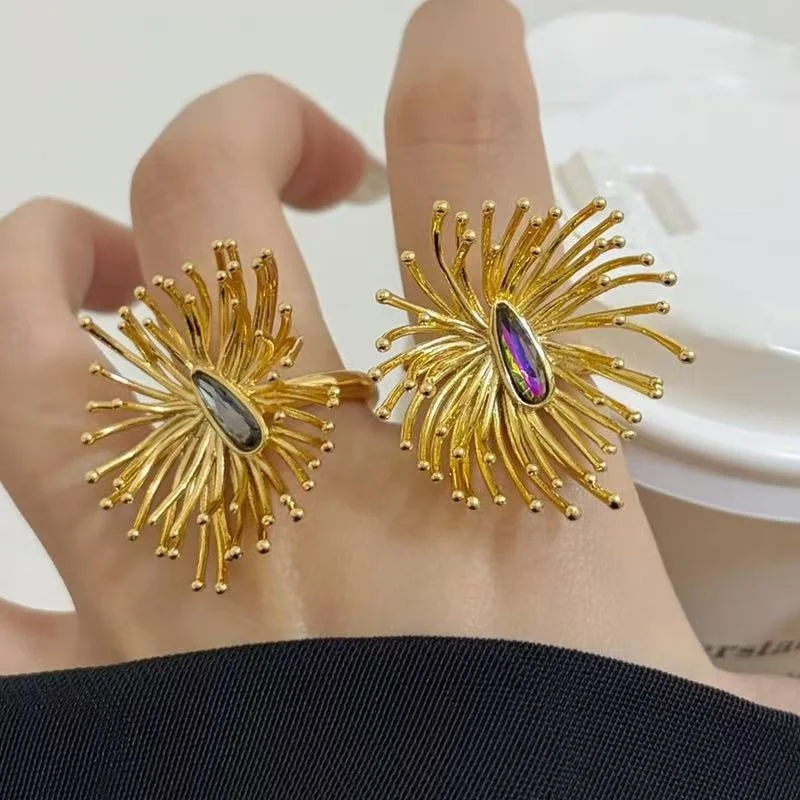 Retro Style Gold Metal Earrings And Ring Set for Women Luxury Sensation with Sparkling Diamond Firework Design Daily Party Jewel