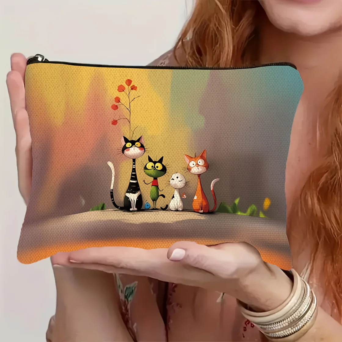 Cat Cartoon Print Makeup Bag Print Portable Pouch with Zipper Closure Cosmetic and Toiletry Organizer Storage Bag Beauty Case