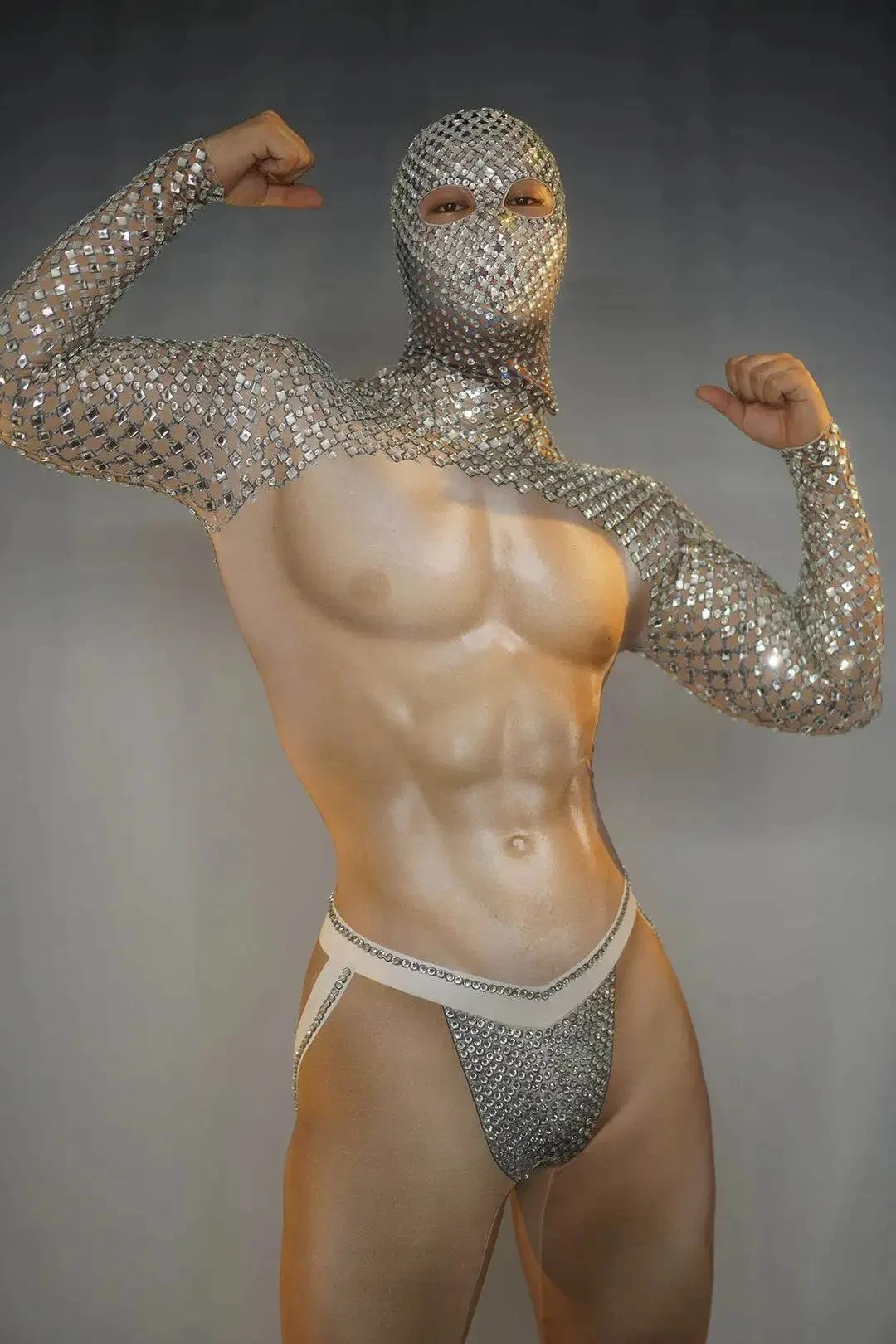 

Sparkle Stone Nude Muscle Men Jumpsuit Long Sleeves Rhinestones Outfit Evening Party Prom Celebrate Wear Birthday Dance Costumes