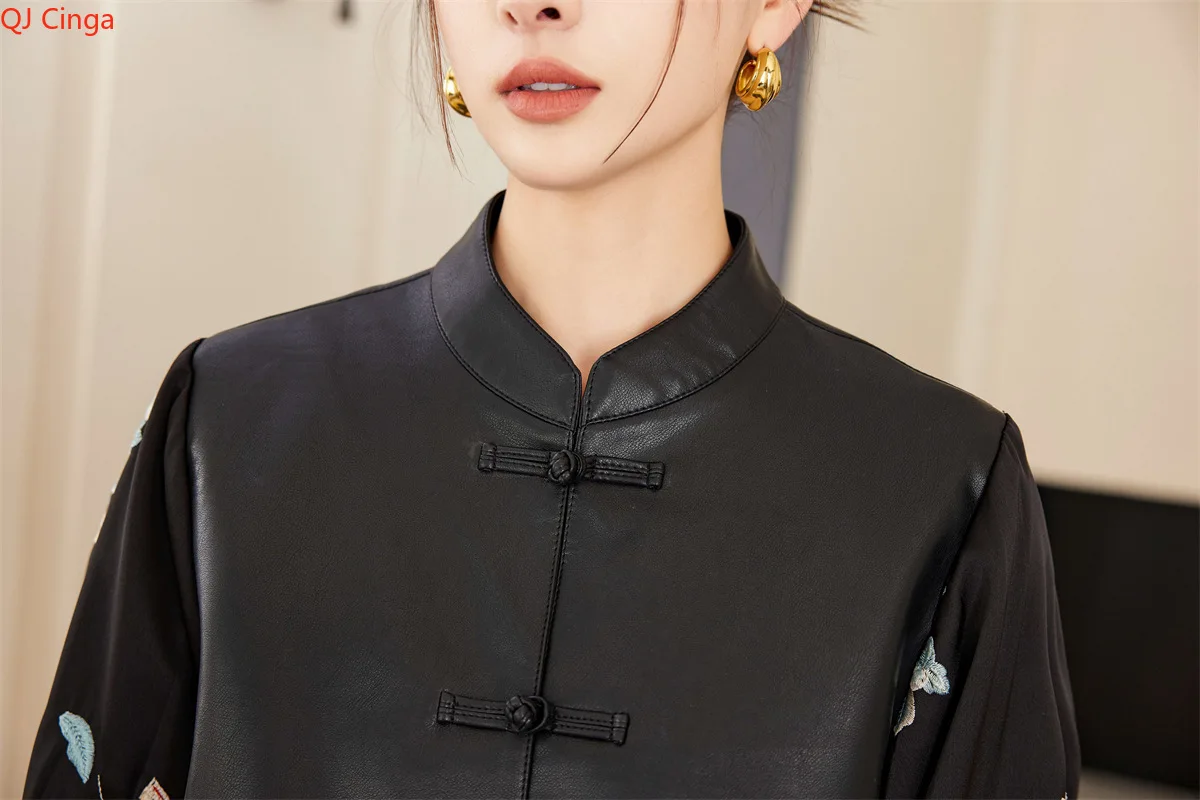 2026 Chinese-style Women's Black Long-sleeve Jacket, Single-breasted Stand-up Collar Embroidered Coat, European Sizes L-XXXL.