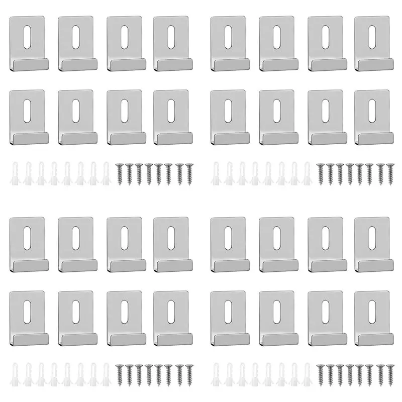 A74E-32Pcs Mirror Clips For Wall Mounting, Metal Mirror Holder Clips Hooks Frameless Wide Channel Mirror Retainer Clips