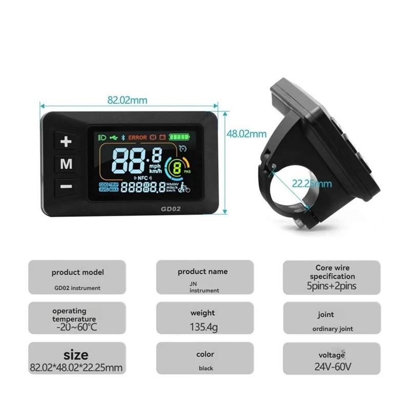 LCD-GD02 Electric Bike LCD Display Meter  Dashboard Display Panel 24V 36V 48V 52V 60V For Electric Scooter SM5+2PIN