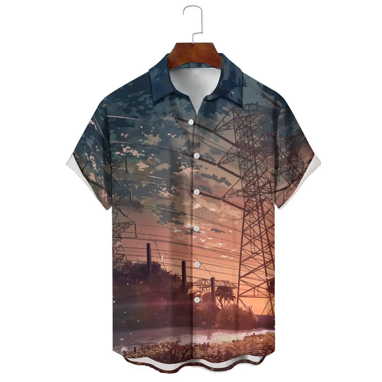 

Summer Men/Women Loose Casual Dark City Landscape Illustration Print Fashion Daily Can Wear Single-Breasted Short-Sleeved Shirt