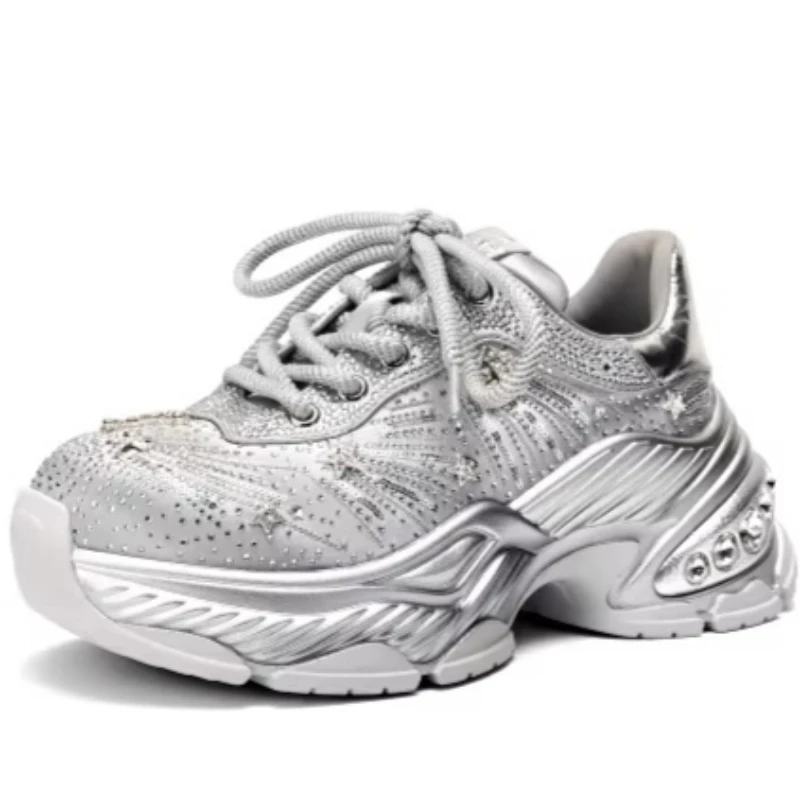 Future Silver Street Hot Diamond Daddy Shoes Women's Genuine Leather Height Increasing Shoes Casual Sports Shoes Chunky Sneakers