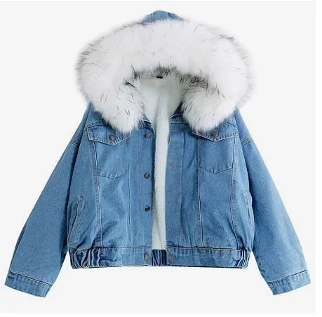 women jean jacket Winter Thick Jean Jacket Fur Collar Fleece Hooded Denim Coat Female Warm Denim Outwear