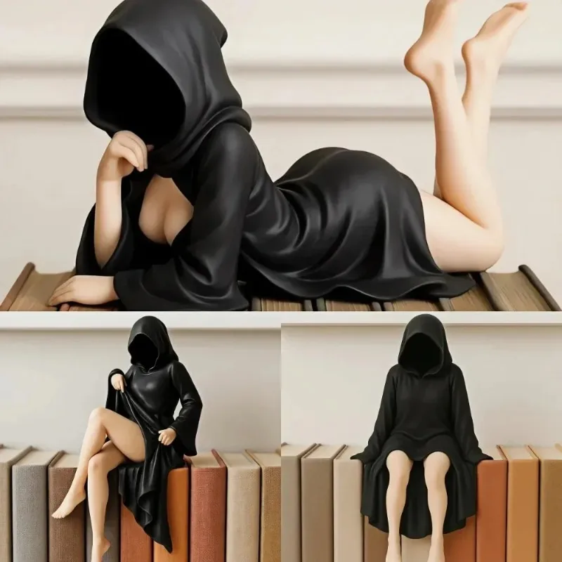 3DGothic Black Robe Queen Figure Bookshelf Sculpture Spooky Sitting Statues Desktop Ornaments Gifts Mysterious Halloween Statue