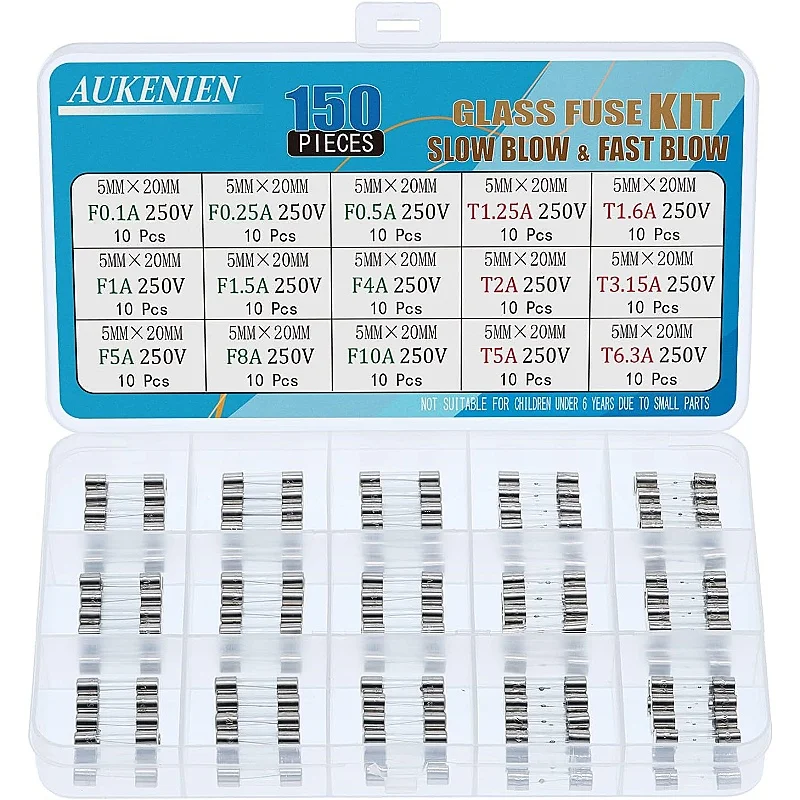 AUKENIEN 15 Value Glass Fuse Set 250V 5x20 mm Fuse Slow Blow T1.25A TO 6.3A Glass Tube Fuse F 0.1A TO 10A Glass Fuse Kit