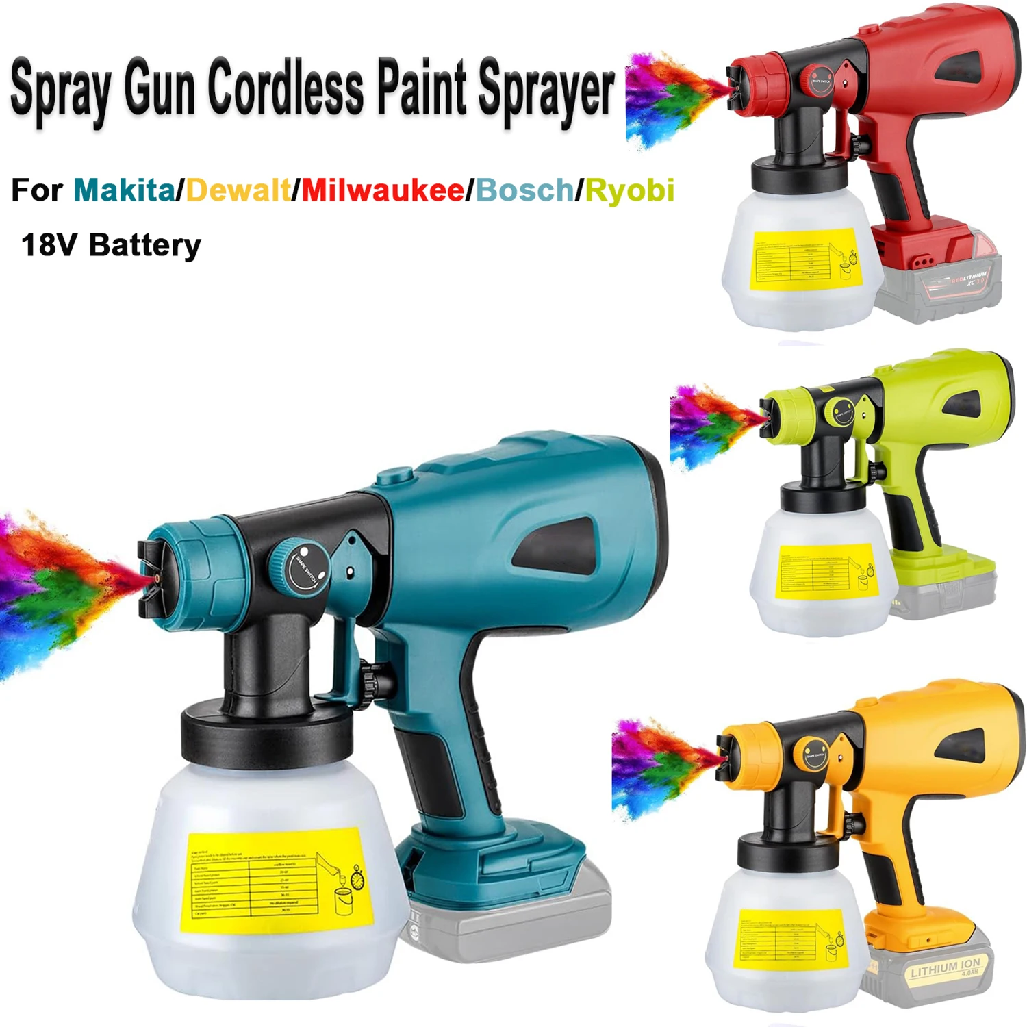 Cordless 200W Paint Sprayer Compatible with Makita/Dewalt/Milwaukee/Bosch/Ryobi Battery for House Furniture Cabinets (Tool Only)