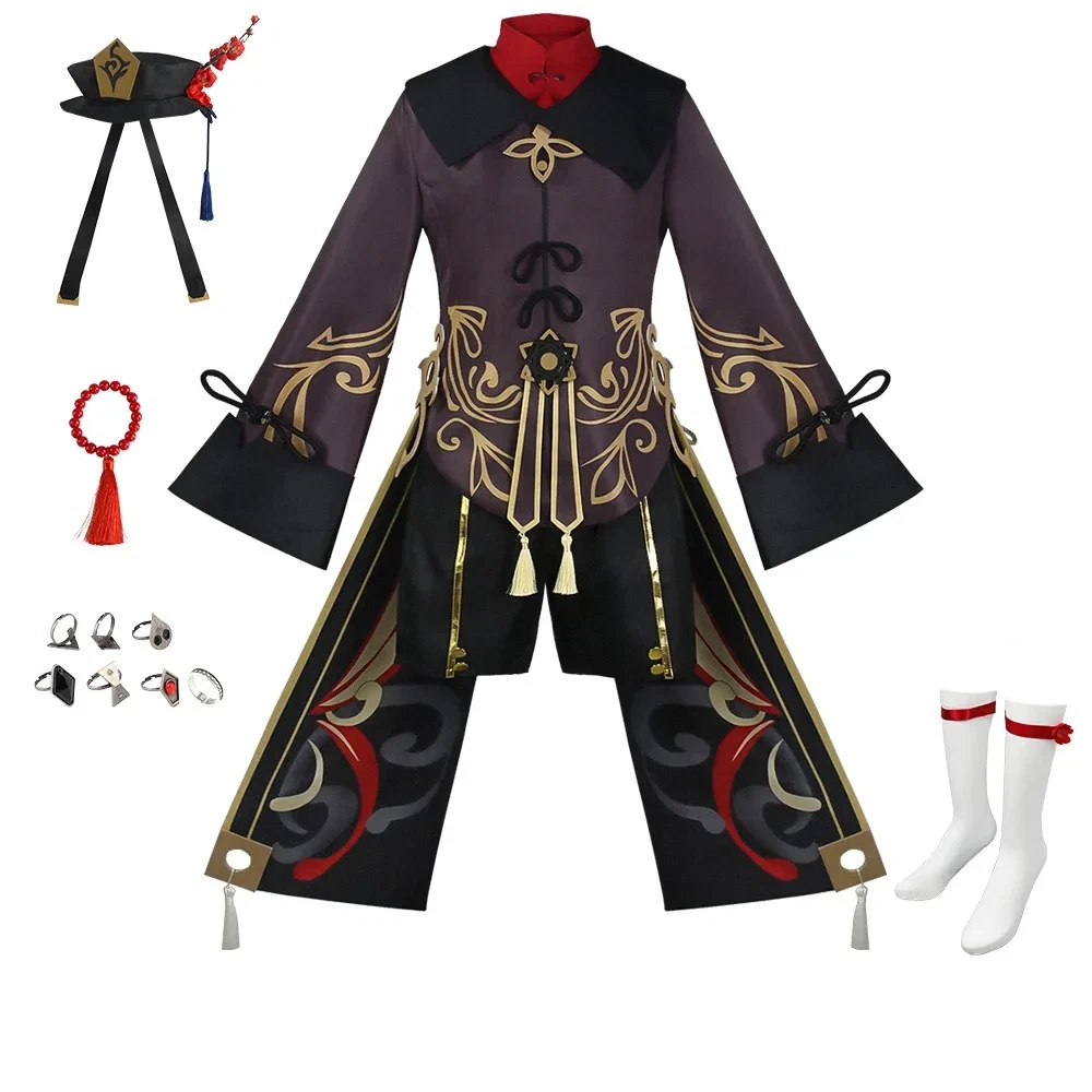 Costume de cosplay Hu Tao, uniforme, costumes de luxe, robe, chapeau, chaussettes, perruque, accessoires, bagues, tenues Hutao