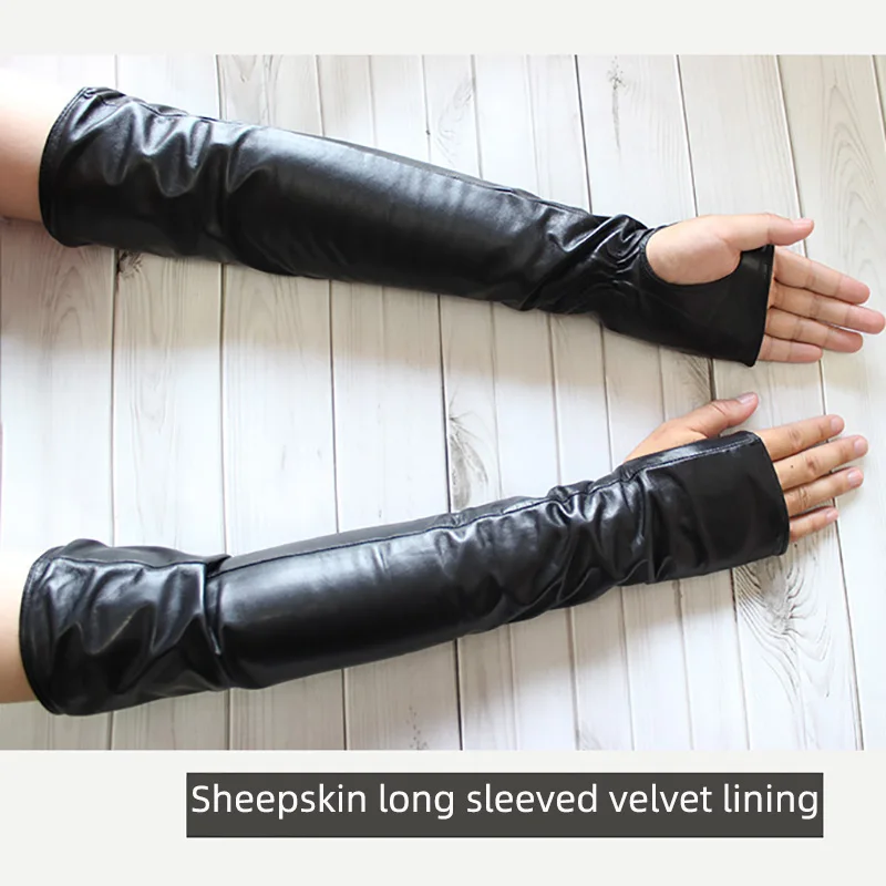 Long Fingerless Leather Gloves Fashion Women Half Finger Sheepskin Gloves Fall Winter Warm Velvet Lining Warm Arm Sleeves