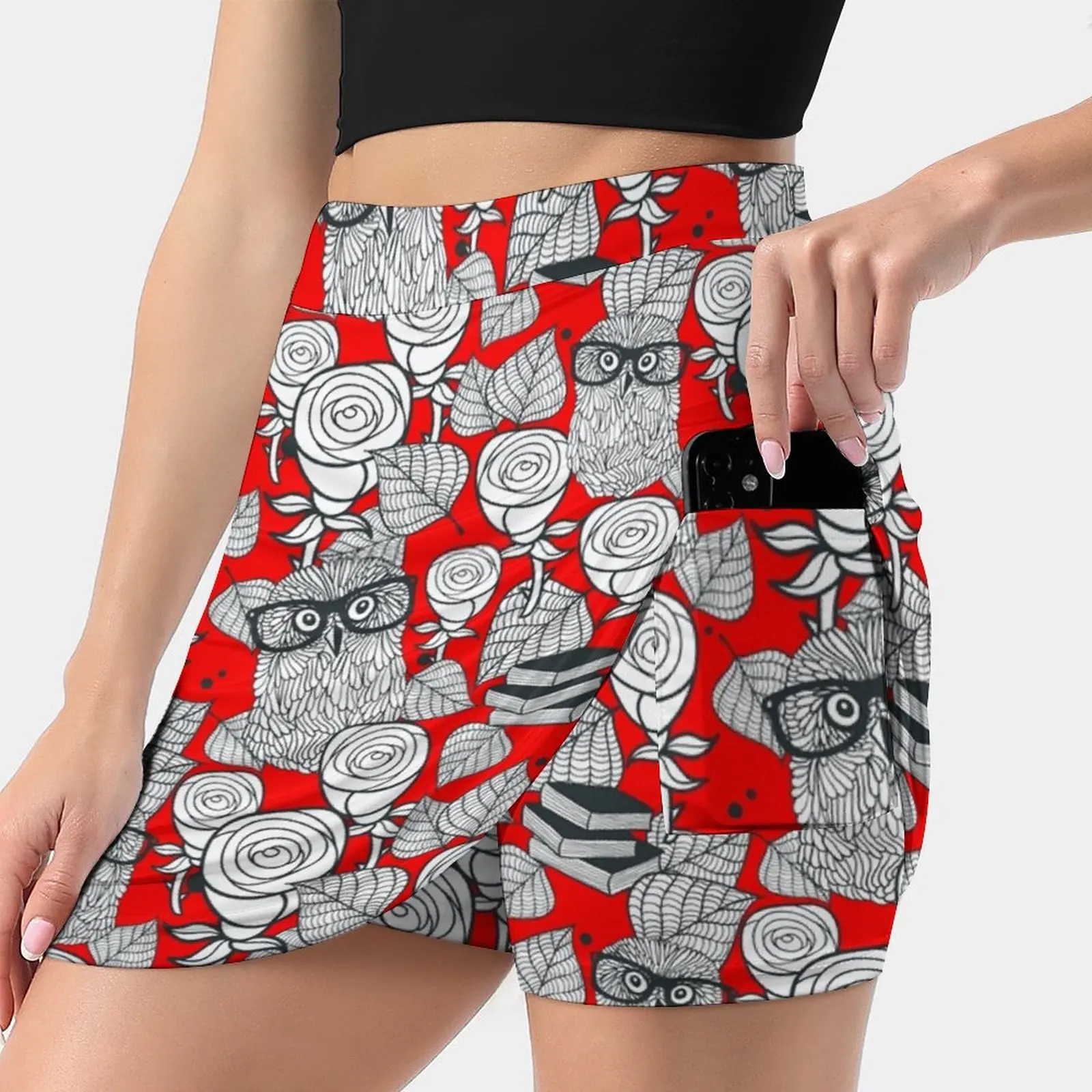 

White Roses And Owls Women's skirt With Hide Pocket Tennis Skirt Golf Skirts Badminton Skirts Running skirts Texture Red Nature