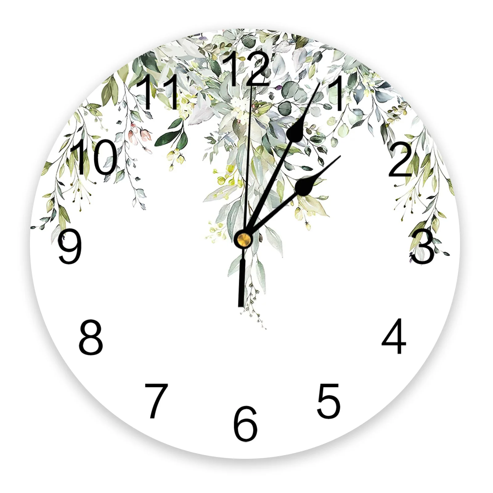 Watercolor Green Leaves Wall Clock Silent Digital Clocks for Home Bedroom Kitchen Decoration Hanging Watch