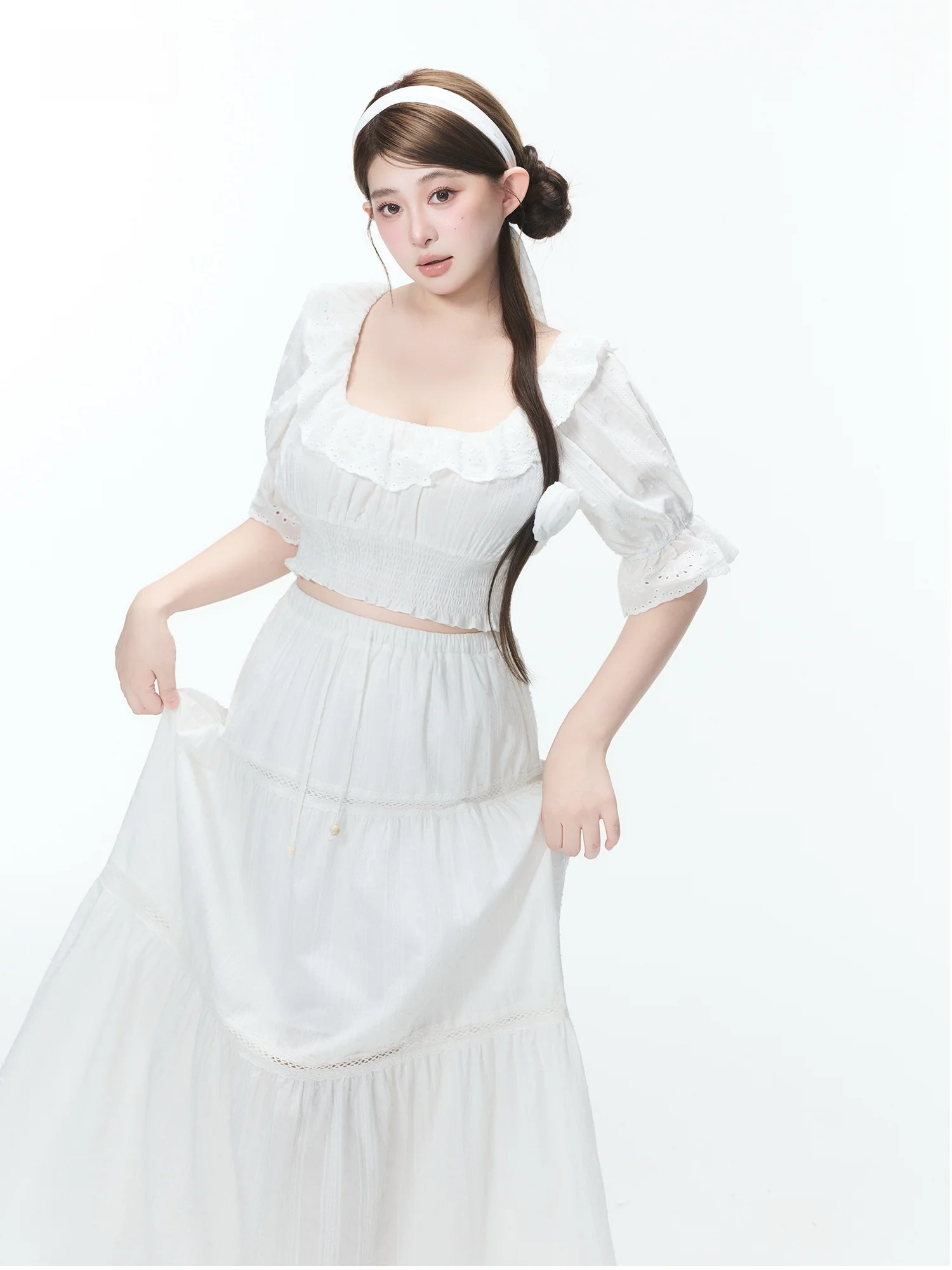 

Chic Early Spring Gentle Style Square Collar Women's Two-Piece Set Unique Beautiful Top And Half Skirt Ensemble Casual Wear