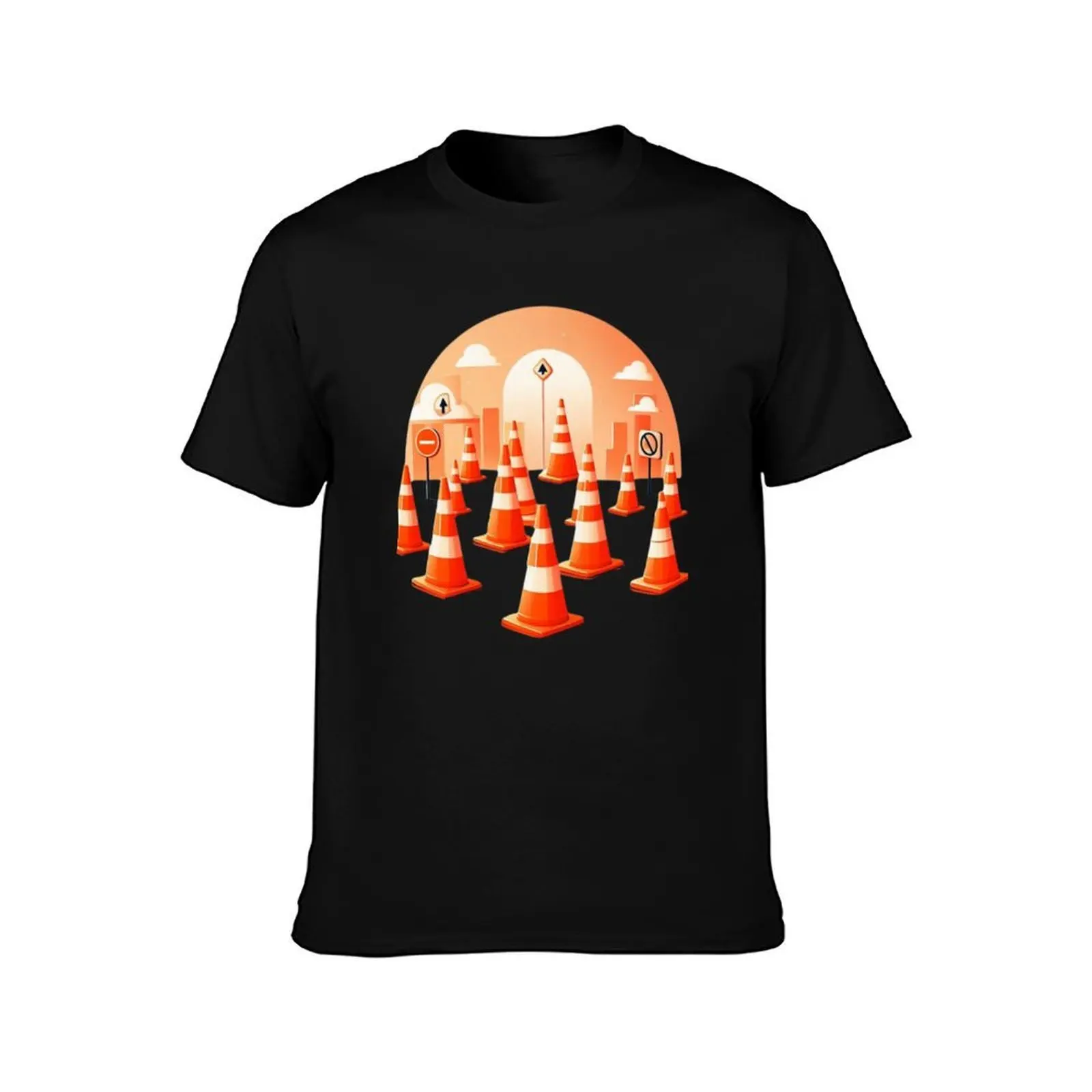 Orange Traffic Cones T-Shirt, Summer Casual Cotton Tee, Oversized Streetwear Tops, Vintage Graphic Print, Loose Fit Short Sleeve