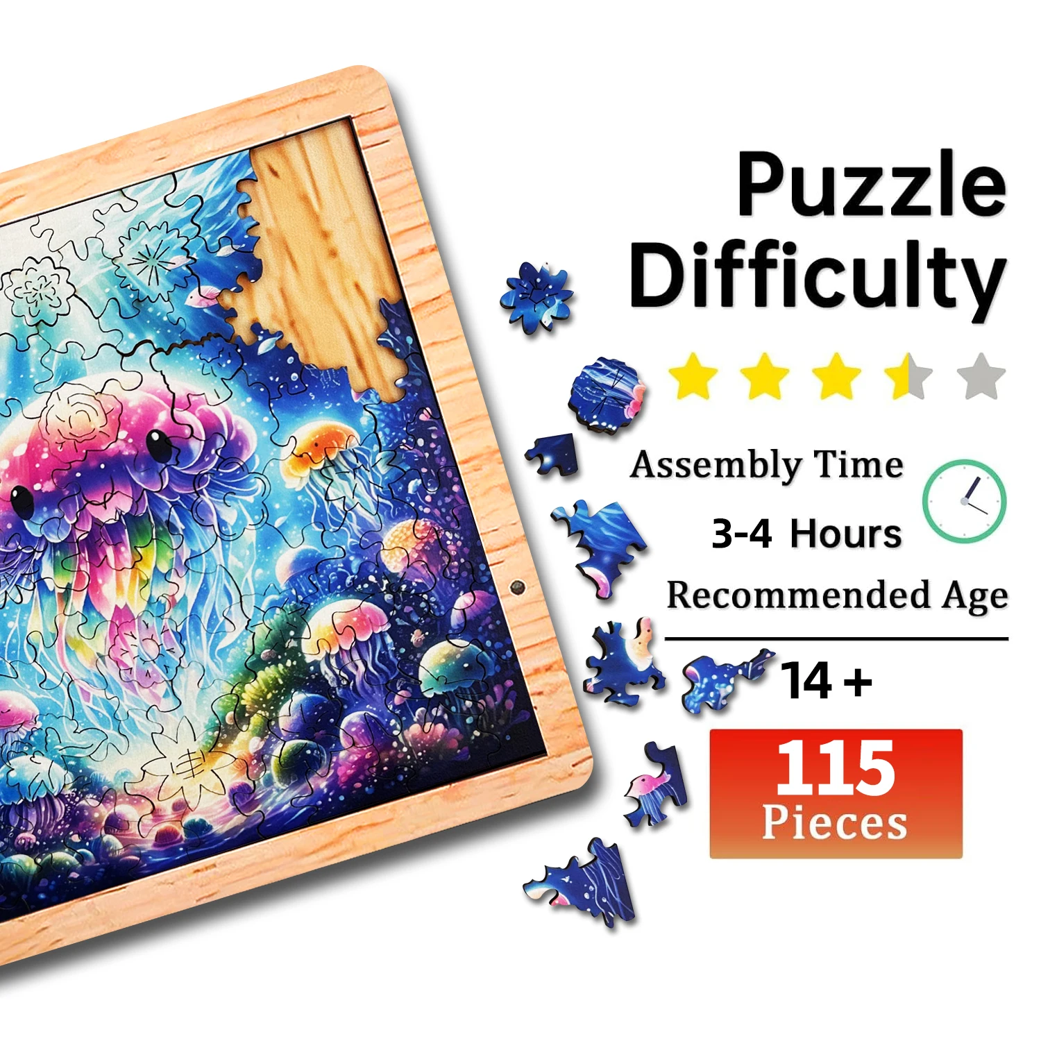 Puzzle in legno con meduse da 115 pezzi per adulti con piastra di base, puzzle in legno di forma unica, decorazioni per la casa di arte moderna