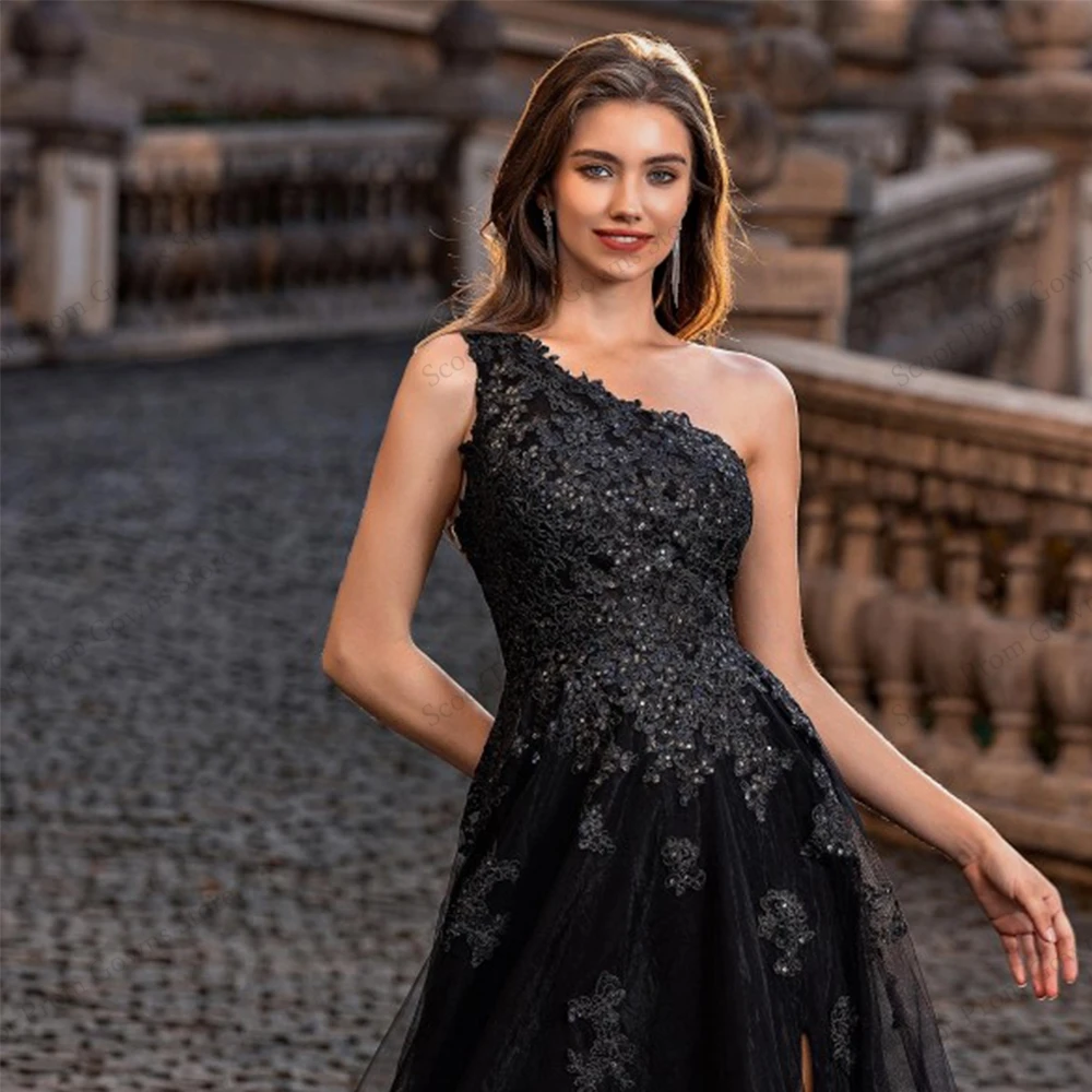 Black One Sleeve Evening Dresses for Women 2025 Customized Sleeveless Prom Gowns with Applique New Soft Tulle Robe De Soirée