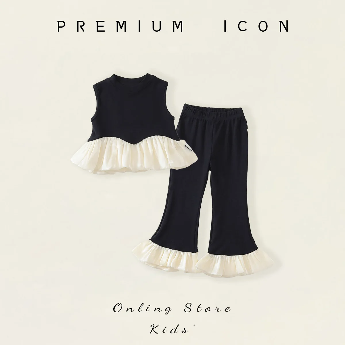 2026 Summer New Girl's Black and White Splicing Sleeveless Set Elegant Ruffle Edge Micro Pull Up Pants Two Piece Set Baby