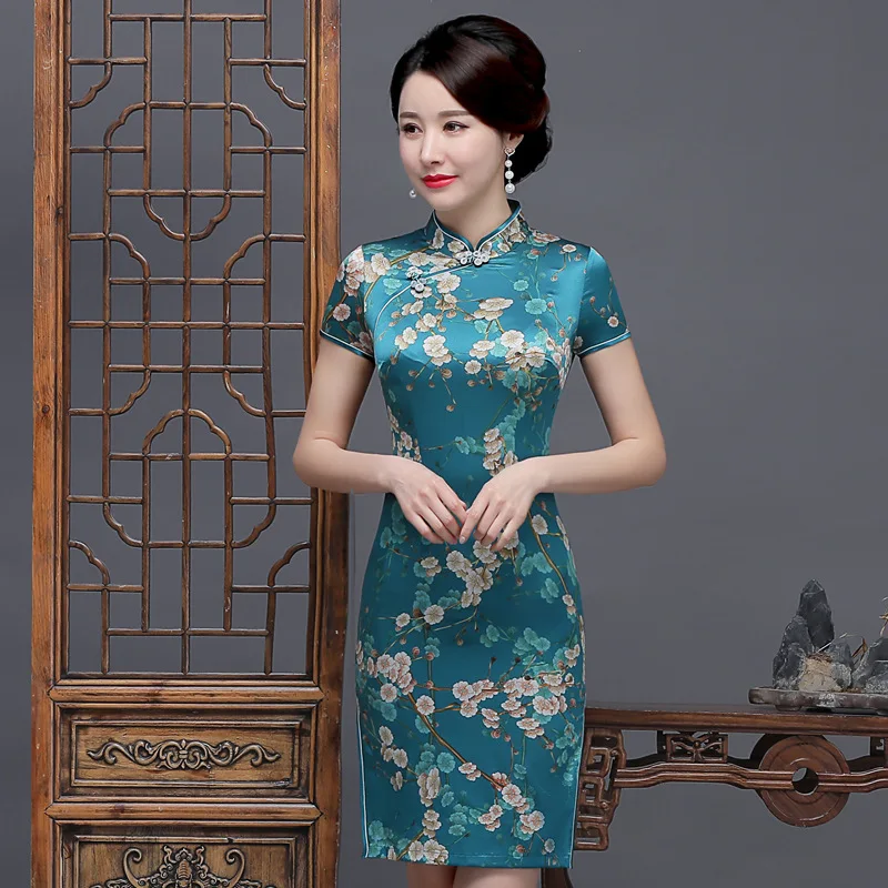 

Spring and Summer New High Quality Real Silk Printing Cheongsam Qipao Women's Dress plus Size