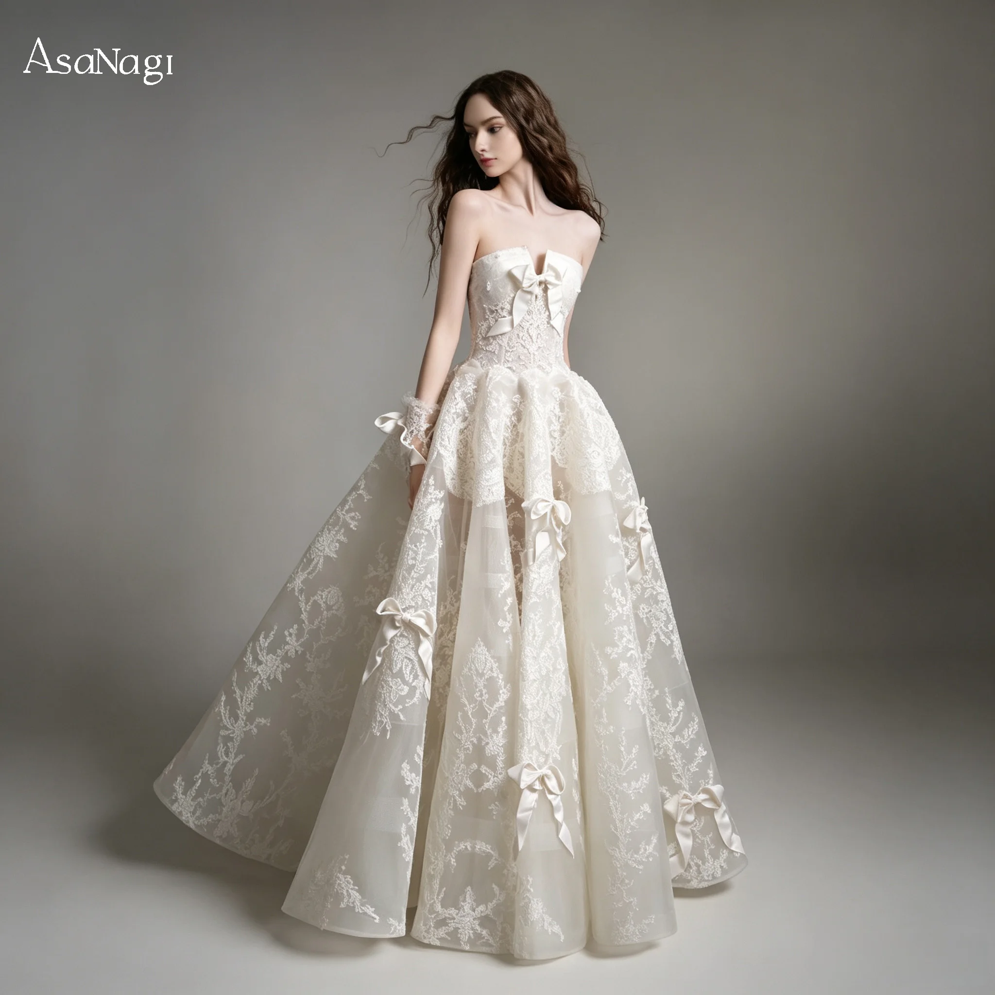 Strapless Corset Lace Wedding Dress Satin Bows Multi-Layer Tulle Princess Gown With Lace Cuffs Vintage Romantic Bridal Gown