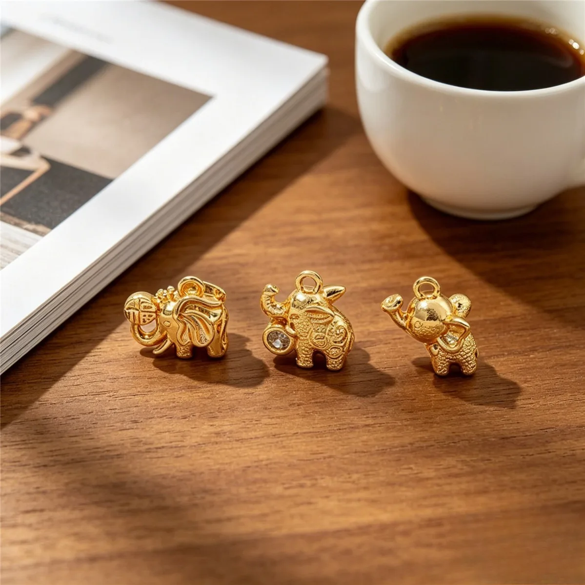 Brass 14K Gold Plated Anti-tarnish 3D Lucky Elephant Fu Charms DIY Bracelet Necklace Findings