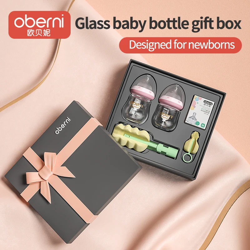 Oberni newborn baby glass milk bottle baby feeding kit Anti Colic with silicone pacifier 0 to 6 months gift set for boy and girl