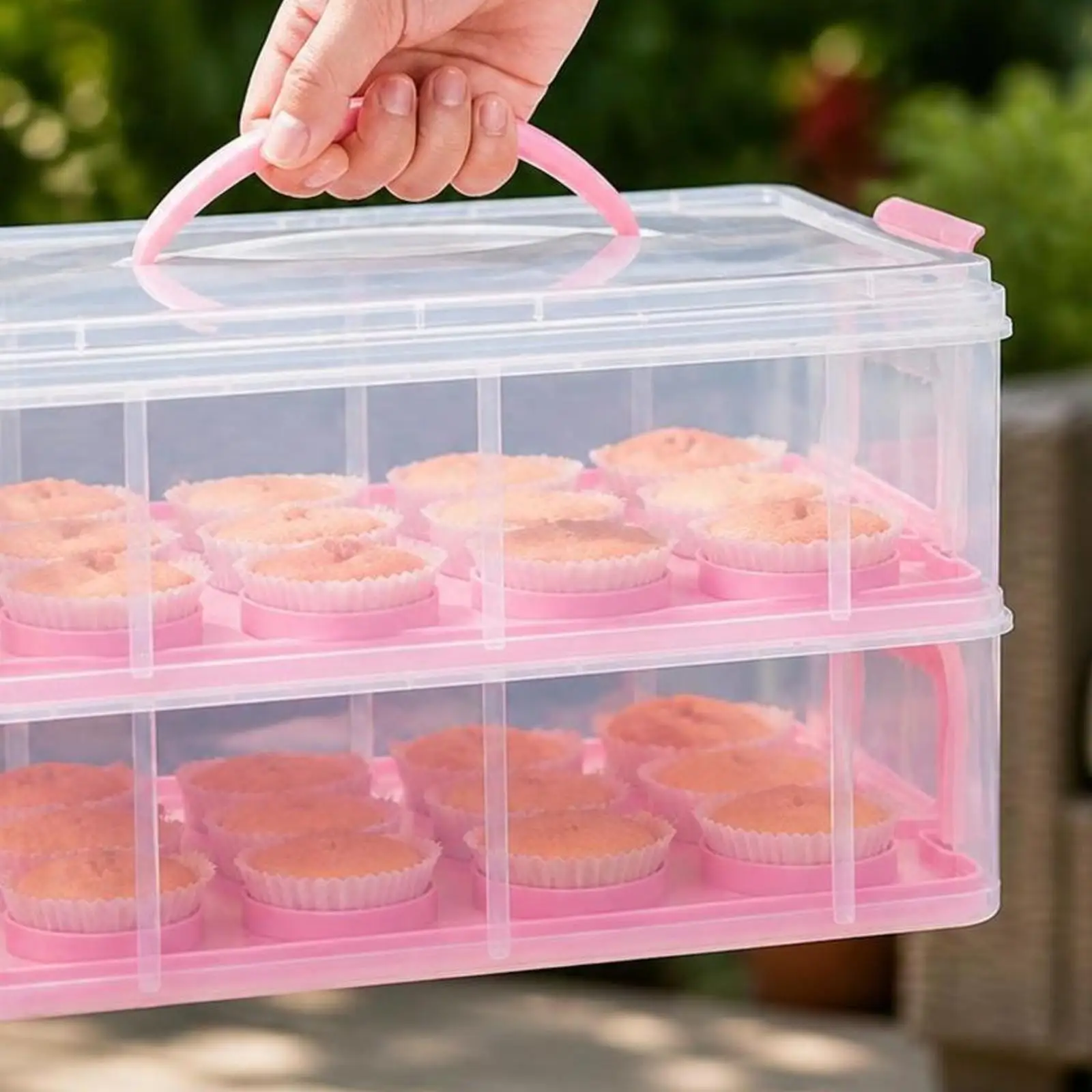 Cupcake Holder Transparent Case for 24 Muffins with Secure Fasteners and Carry Handle for Party Use