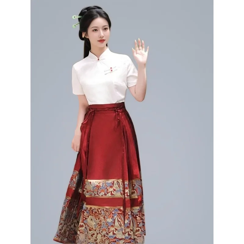 

Summer large size new Chinese suit, red short-sleeved top, horse skirt and thin two-piece set