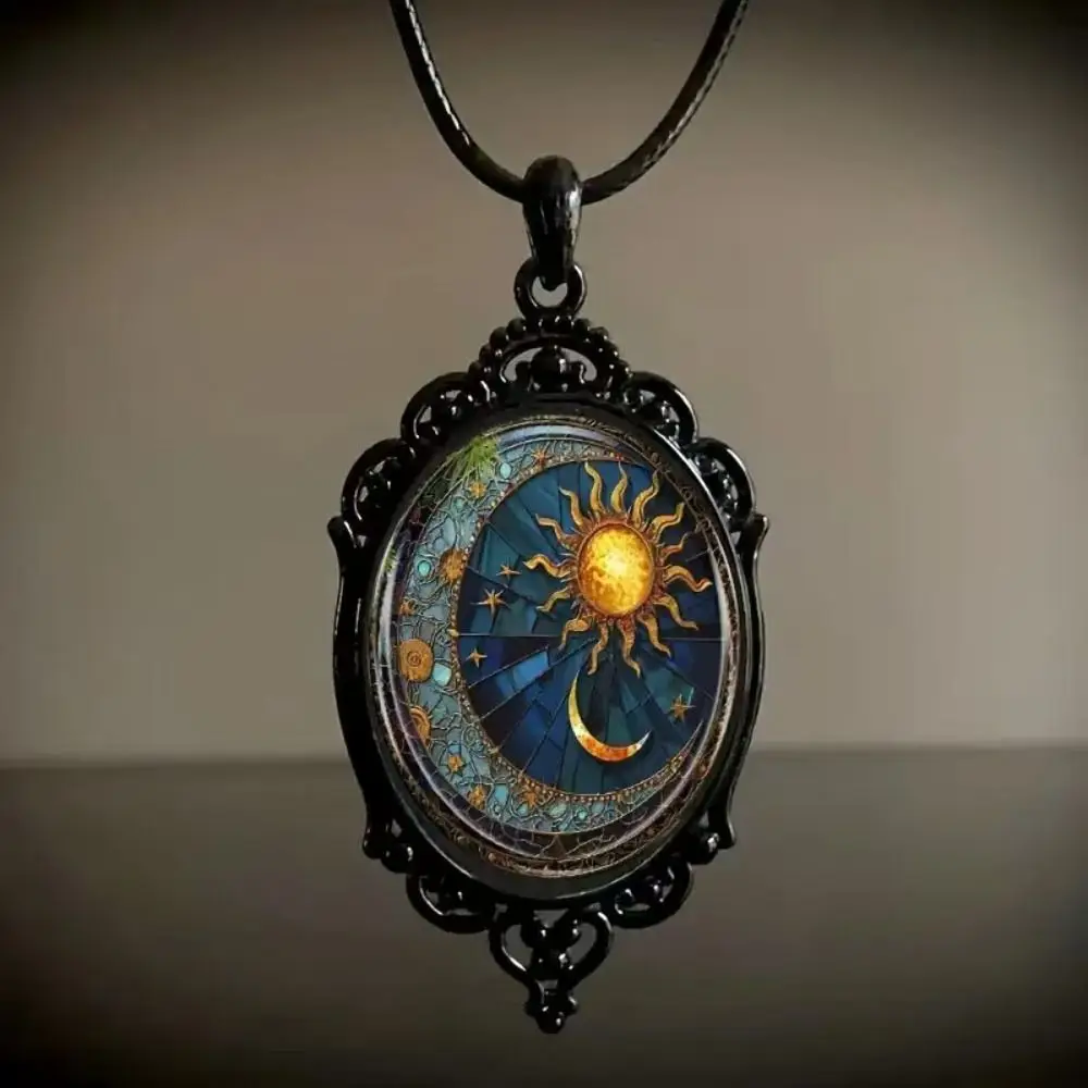 Vintage Cameo Rope Chain Gothic Glass Pendant Necklace for Women Sun Moon Punk Style Charm Necklace Witch Accessories