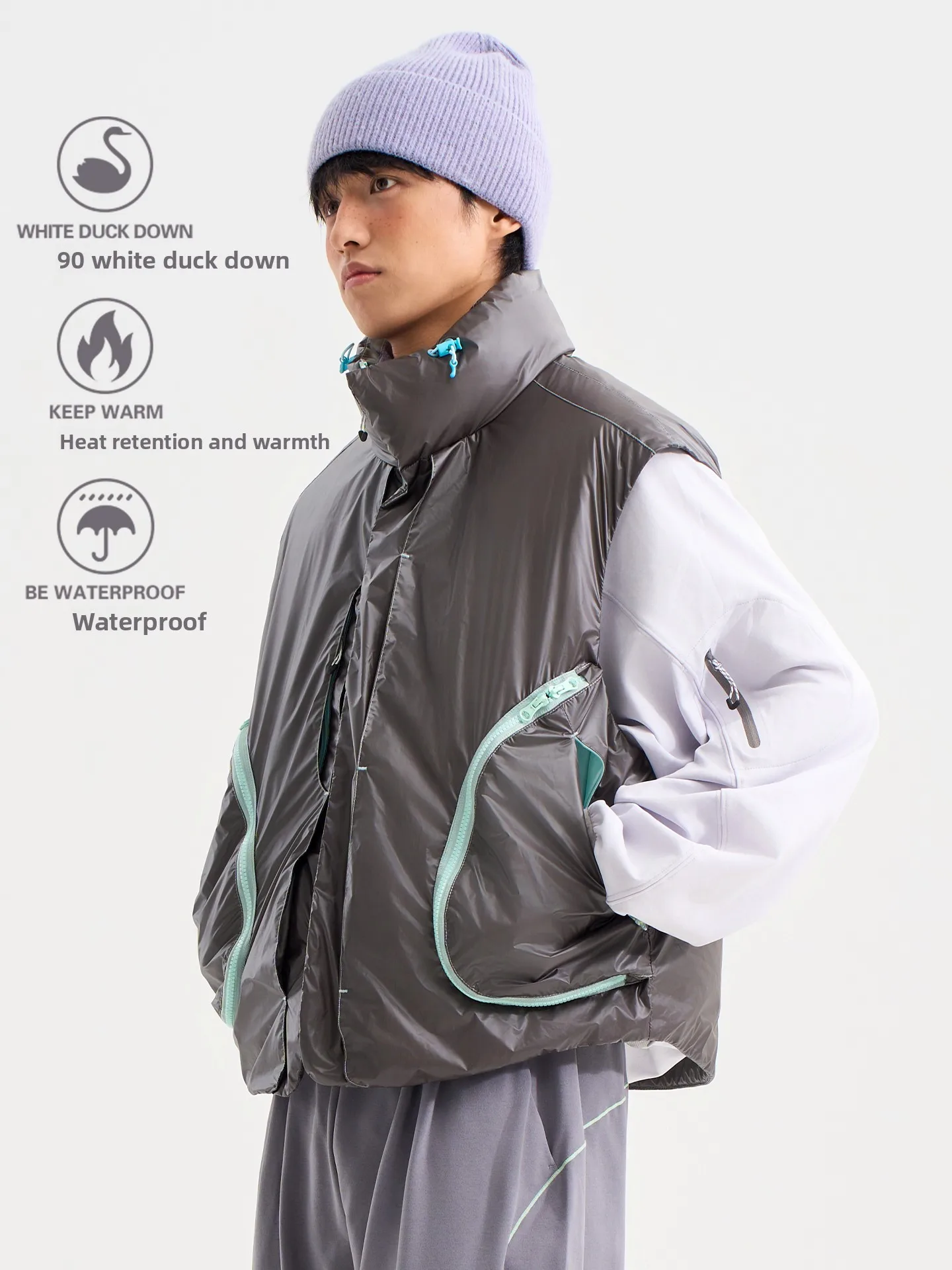 

ex Winter Du down Stand Collar Vest Svel Outerwear Thermal Color Changing Jaet Youth Faion Nylon Fabric