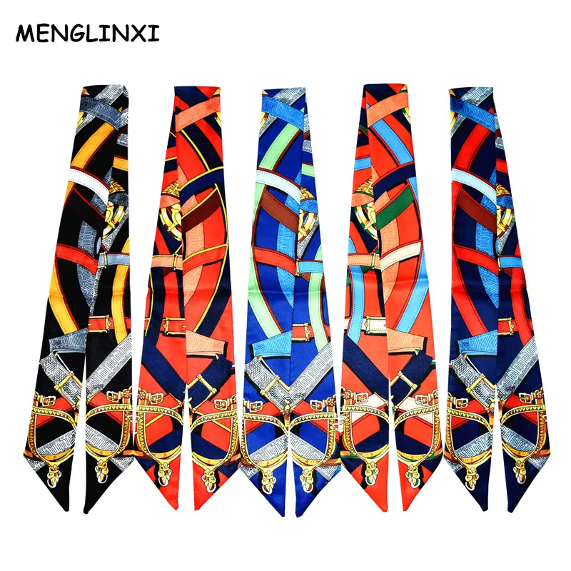 2024 New Hot Brand Small Scarf Chain Print Silk Scarf For Women Female Headwear Head Scarf Handle Bag Ribbon Fashion Scarves