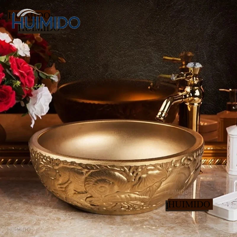 Luxury Golden Bathroom Sinks European Ceramic Washbasin for Bathroom Art Carving Washing Basin Hotel Home Balcony Gold Sink