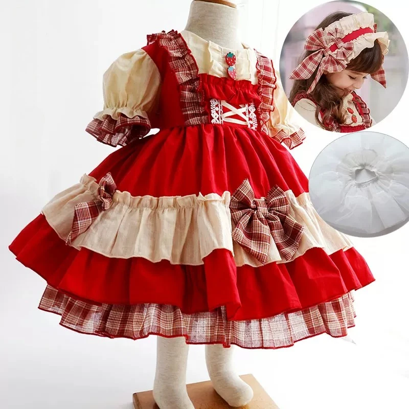 Rotes kariertes Kinder-Kostüm-Set im Rotkäppchen-Lolita-Stil mit Puffärmeln, Rüschenrock, Schleife und Spitzen-Stirnband für Kinder-Cosplay. – Detail 6