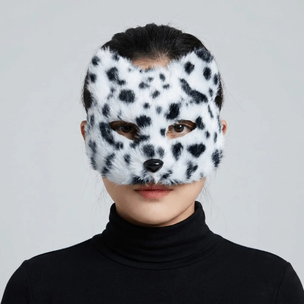 Kids Gift Leopard Print Cat Plush Mask Realistic Cartoon Halloween Plush Mask Mysterious Furry Half Face Mask Carnival Party