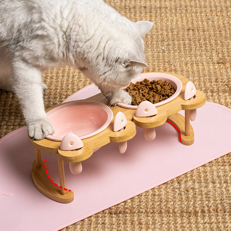 Ceramic Cat Bowl Pet Feeding and Water Bowl Bamboo Elevated Cat Feeder Protective Cervical Spine Food Dishes Pet Supplies