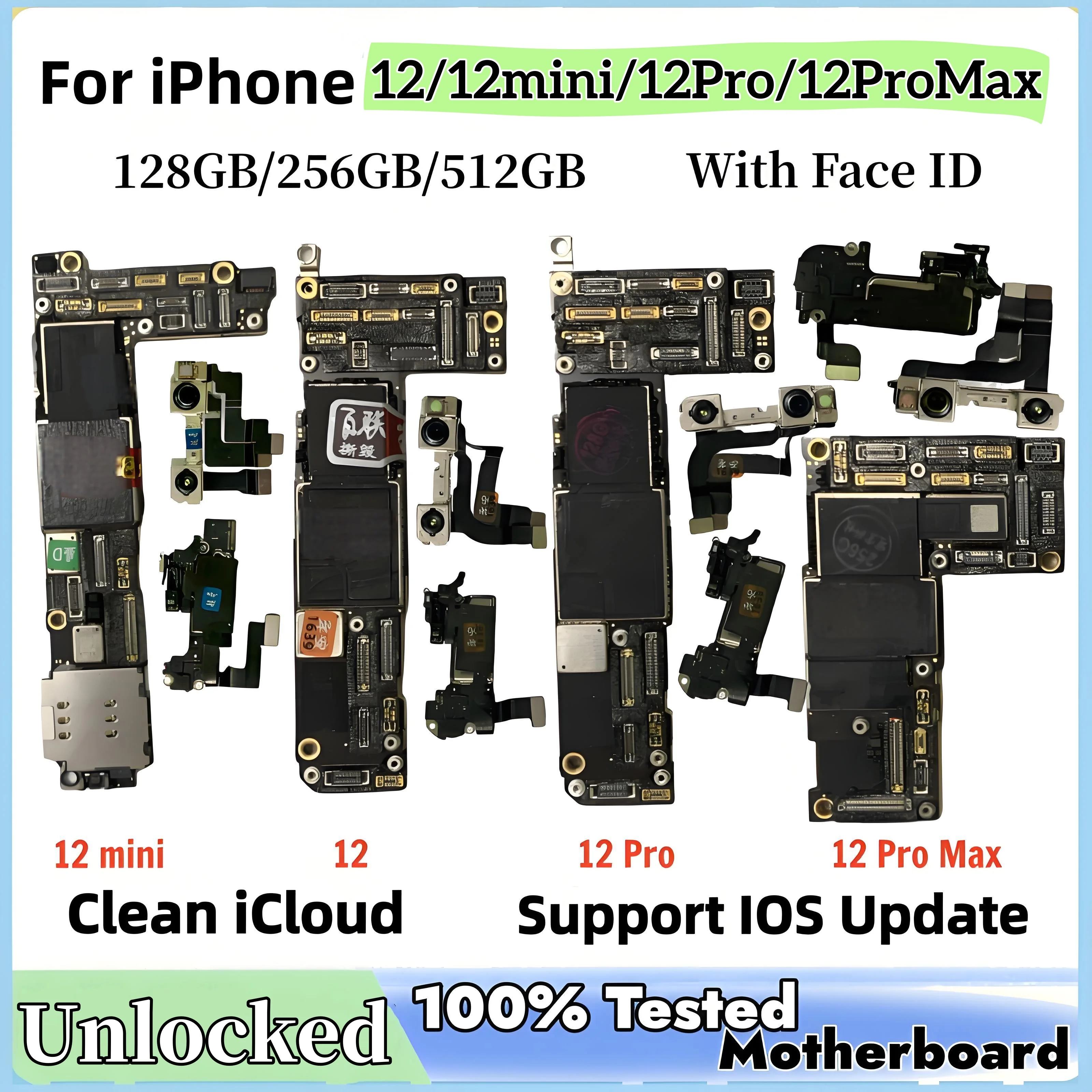 Placa base iCloud limpia probada para iPhone 12 Pro/Pro Max con/sin identificación facial soporte actualización placa base 12 mini placa lógica desbloqueada