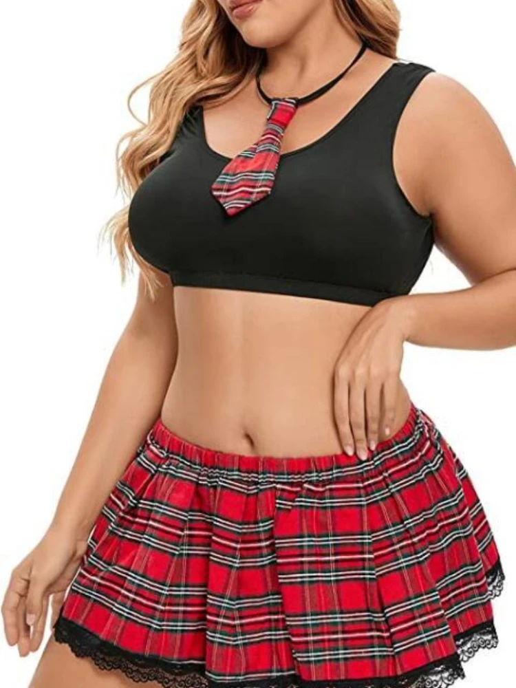 Plus Size Schoolgirl Lingerie Set Costume Women\'s Roleplay Uniform Sexy Teddy Tie Mini Skirt Set Students Cosplay Night Clubwear