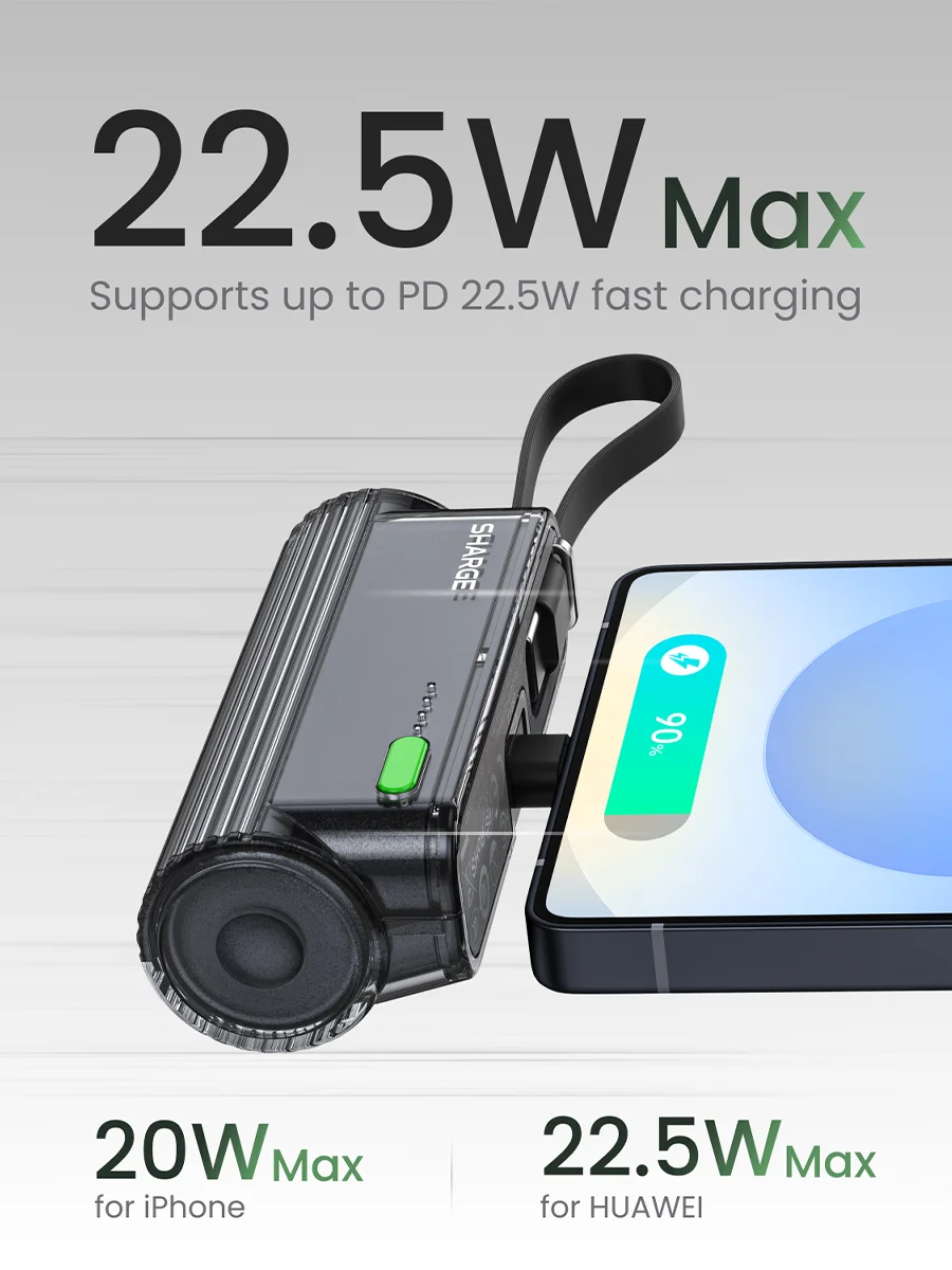 SHARGE Flow Mini 2 Portable Charger 5000mAh Power Bank 22.5W Max Fast Charging Mini Battery Pack for Android iPhone 16 Samsung