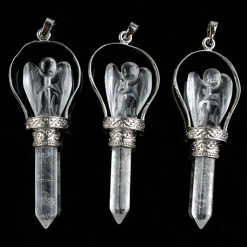 Silver Plated Vintage Scepter Natural Pendulums Hexagon Column Rock Crystal Stone Carve Angel Pendulum Pendant Women Jewelry